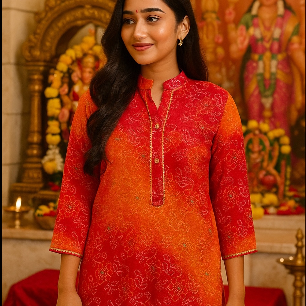 Bandhani Ombre Kurti – Red & Orange Traditional Indian Tunic for Women |